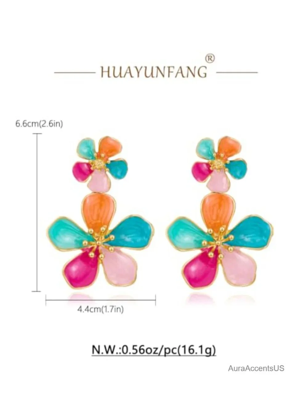 Hand-Painted Enamel Flower Drop Earrings Double Floral Statement Dangle